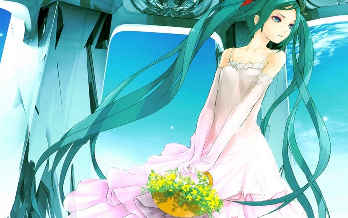 Hatsune Miku in a pink dress holding a basket of flowers