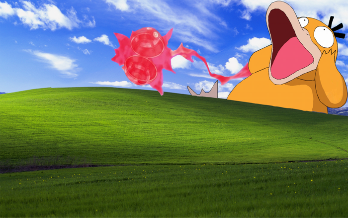Psyduck and red creature on a grassy hill