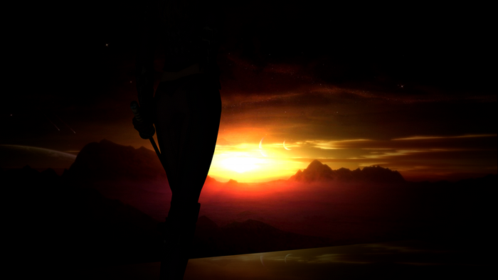 Silhouette of a warrior against a cosmic sunset