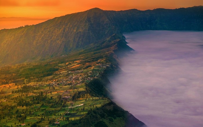 Sunset Over Mount Bromo Crater and Java Village