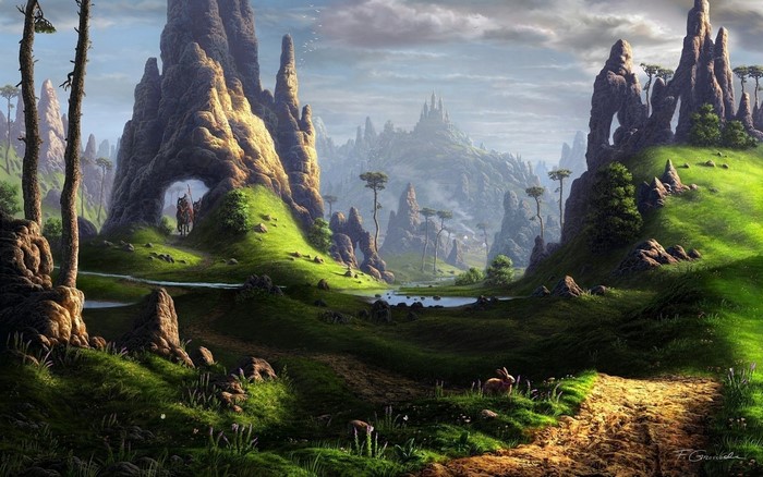 Fantasy landscape with rocky spires and a castle in the distance