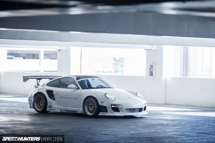 White LB Performance Porsche 911 in Parking Garage