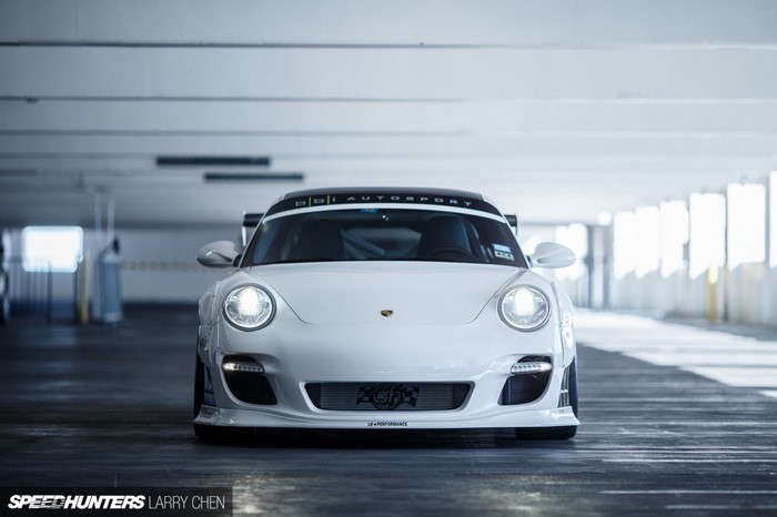 White Porsche 911 LB Performance in Parking Garage