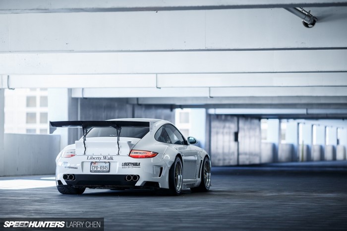 White Liberty Walk Porsche 911 GT3 with large rear wing
