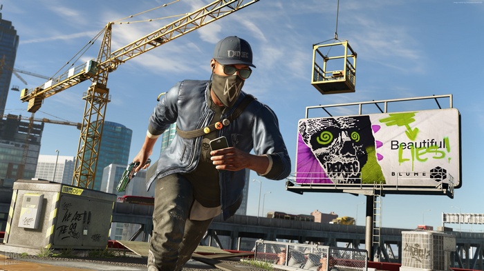 Marcus Holloway from Watch Dogs 2 running with a gun