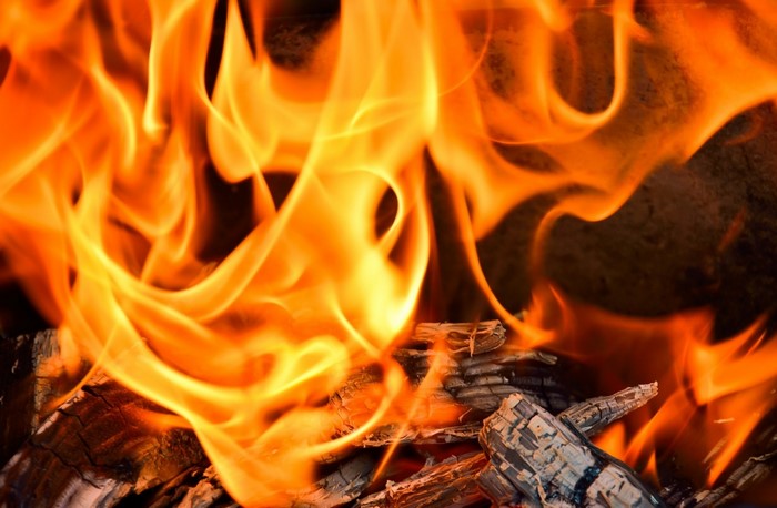 Close-up of a roaring campfire with burning logs