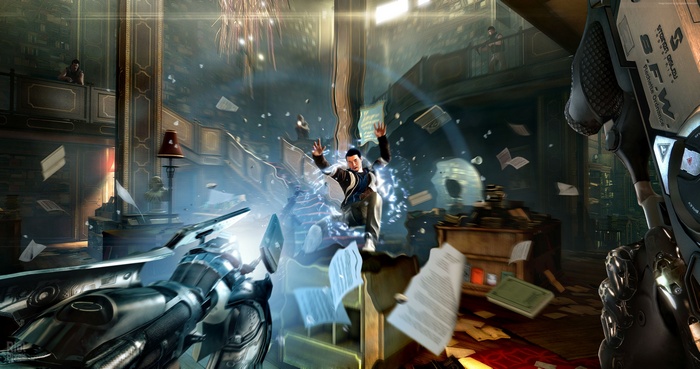 Adam Jensen from Deus Ex: Mankind Divided in a library