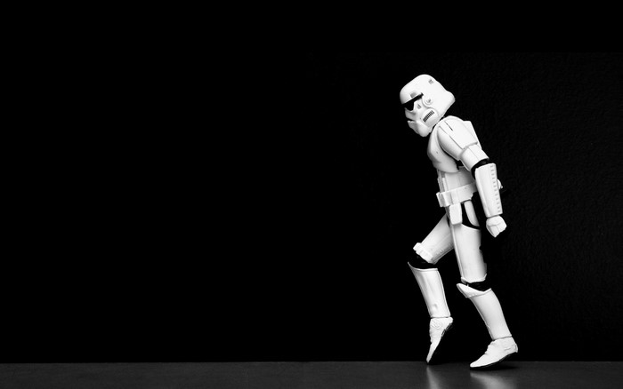 Stormtrooper from Star Wars performing a moonwalk