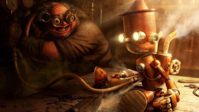 Steampunk inventor with a robot