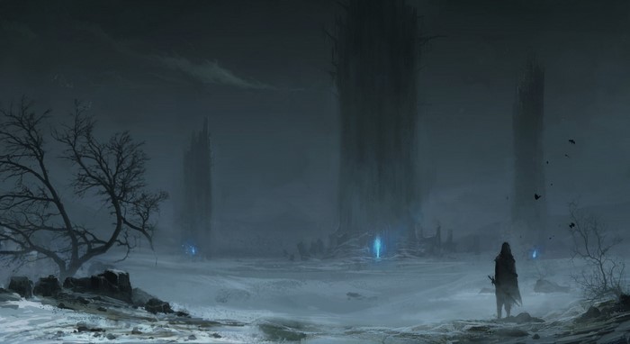 Fantasy art of a desolate winter landscape with glowing crystals