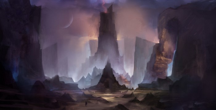 Fantasy art of a dark, rocky cave with a tall spire