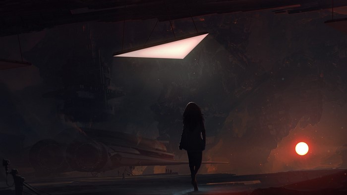 Woman walking towards spaceship under alien sun
