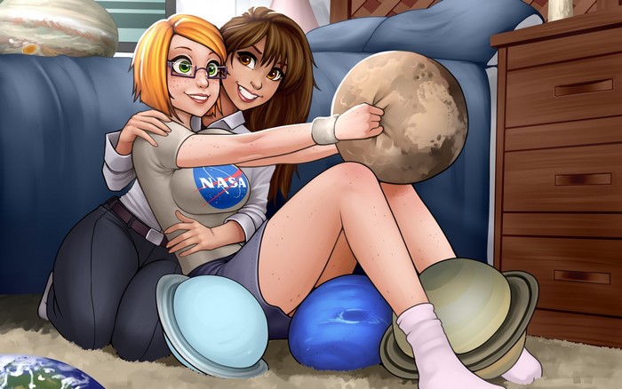 Two anime girls with planets and NASA shirt