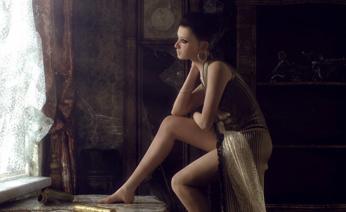 Woman in a golden dress sitting by a window