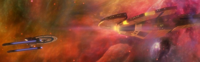 Star Trek spaceship in a colorful nebula