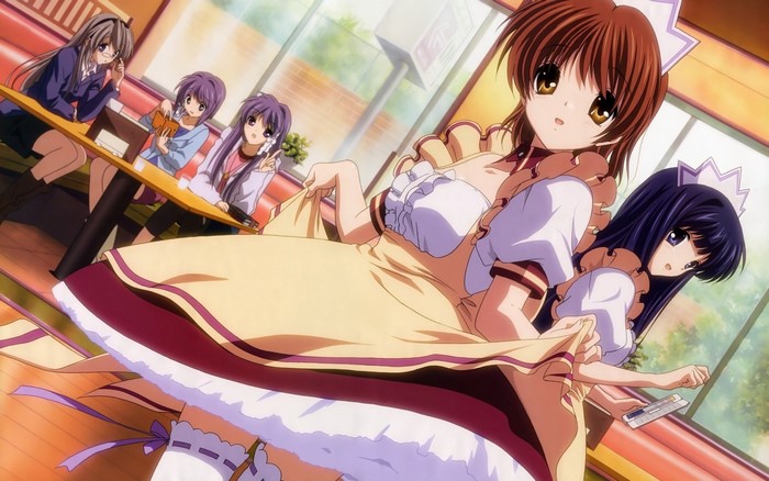 Girls in maid outfits at a cafe in Clannad