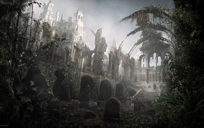 Ruined gothic architecture overgrown with vegetation and tombstones
