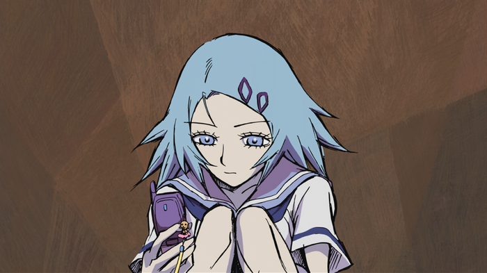 Girl with blue hair holding a pink flip phone