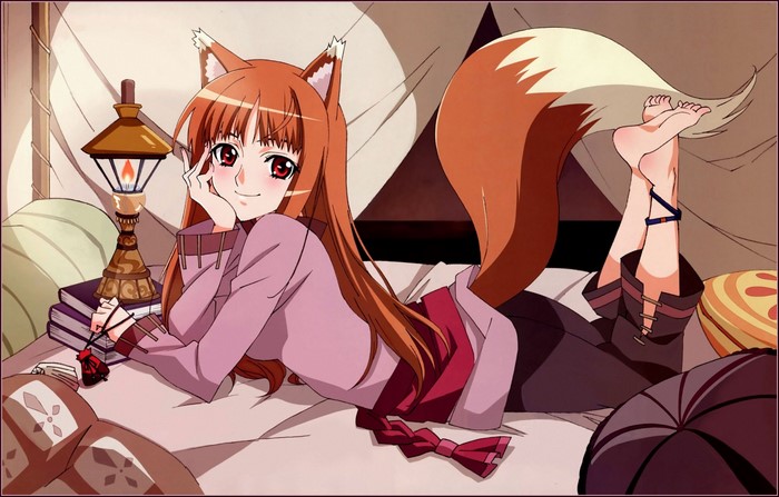 Holo from Spice and Wolf lying on a bed