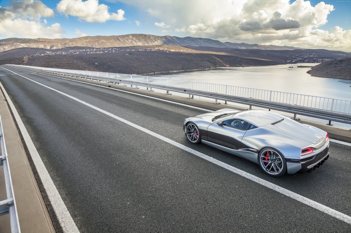Rimac Concept 1 electric supercar on a bridge