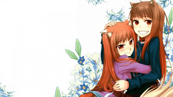 Holo from Spice and Wolf hugging another character