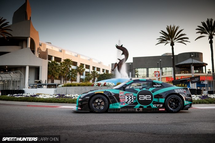 Nissan GT-R NISMO GT3 race car at a fountain