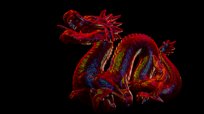 3D wireframe dragon illustration with psychedelic colors