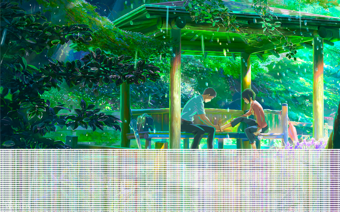 Takao and Yukari in a rainy garden pavilion