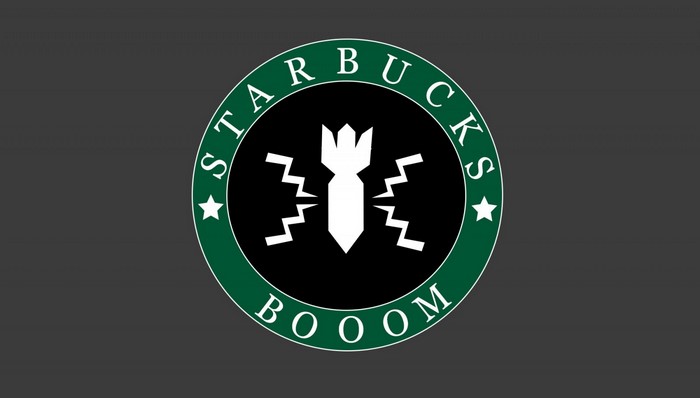 Starbucks Booom logo with bomb illustration
