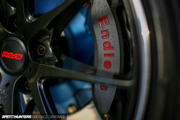 Close-up of a RAYS wheel and Endless brake caliper
