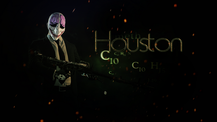 Payday 2 character with gun and chemical formulas