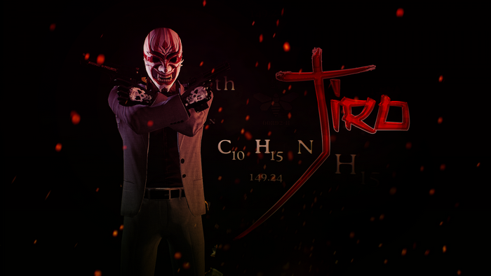 Payday 2 character with guns and chemical formula