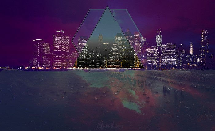 Cityscape at night with geometric overlay and reflection
