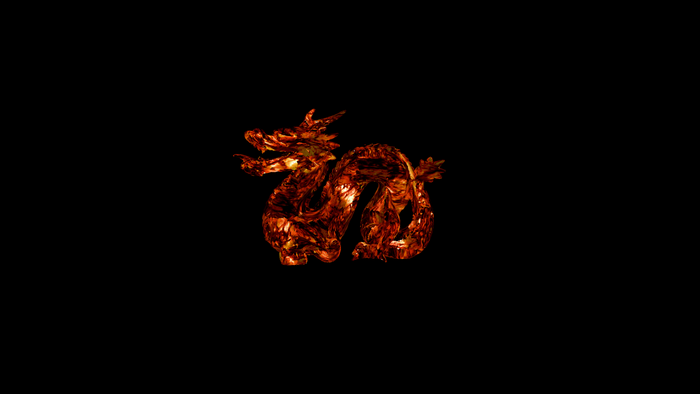 A fiery 3D dragon in darkness