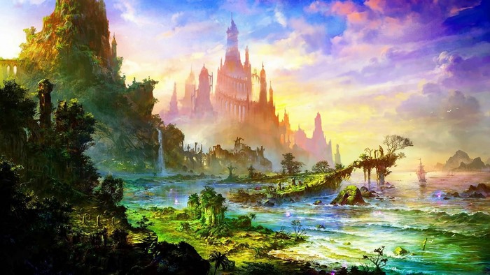 Fantasy castle landscape with ocean and mountains