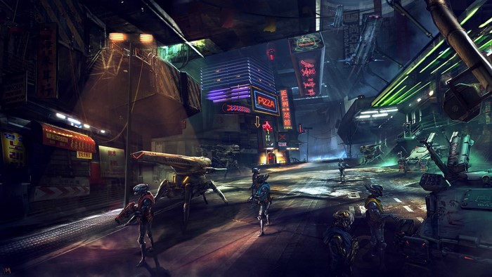 Science fiction street scene with robots and vehicles