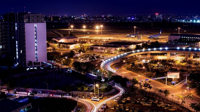 Night cityscape of an airport in Vietnam
