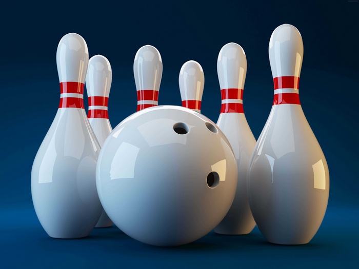 Bowling ball and pins on a blue background
