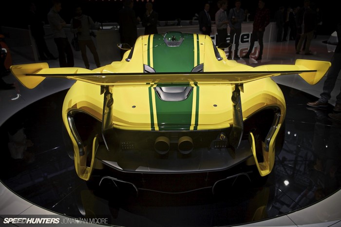 Yellow and green McLaren P1 GTR race car rear view