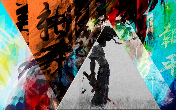 Afro Samurai with Katana amidst abstract colorful art