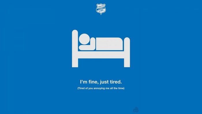 Truth and Lies logo with tired person illustration