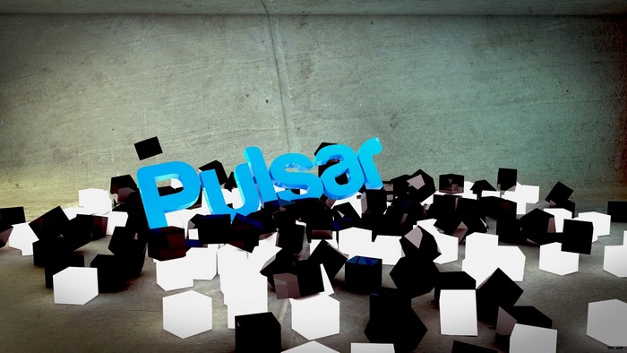 Blue "Pulsar" text among scattered black and white cubes