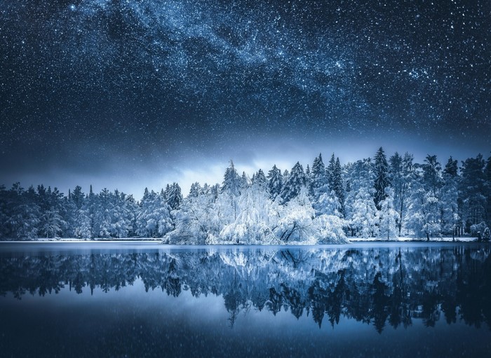 Snowy forest reflected in a lake under the Milky Way