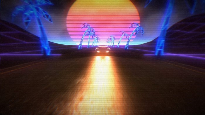 Retro synthwave car driving towards a neon sunset
