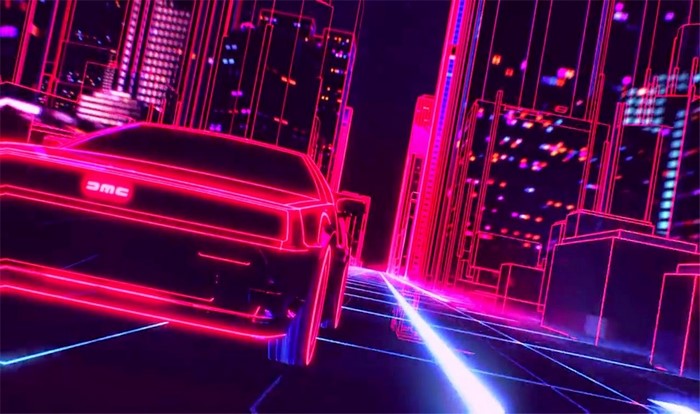 Neon DeLorean Racing Through Retro Synthwave City