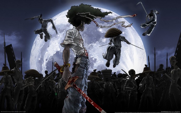 Afro Samurai in Battle with Ninjas under the Moon
