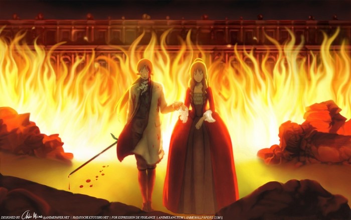 Le Chevalier D'Eon characters in front of flames