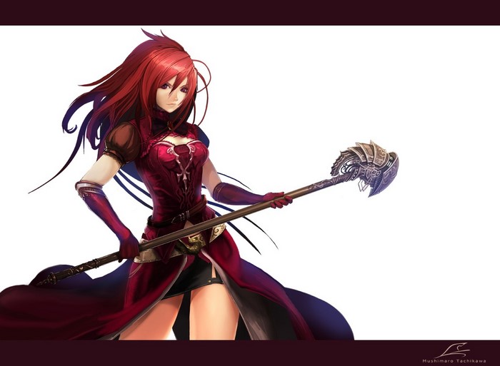 Anime girl with red hair holding a staff