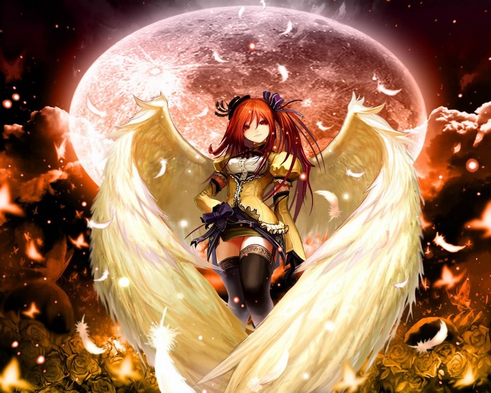 Anime girl with wings and red moon