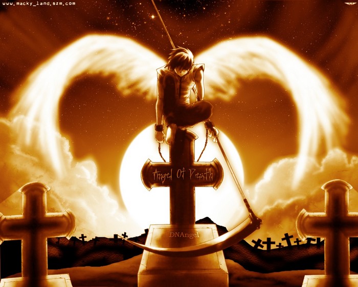 D.N. Angel: Angel of Death sitting on a tombstone